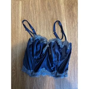 Victoria's Secret Navy Blue Satin Lace Balconet Corset Top 34DDD F75 Underwire